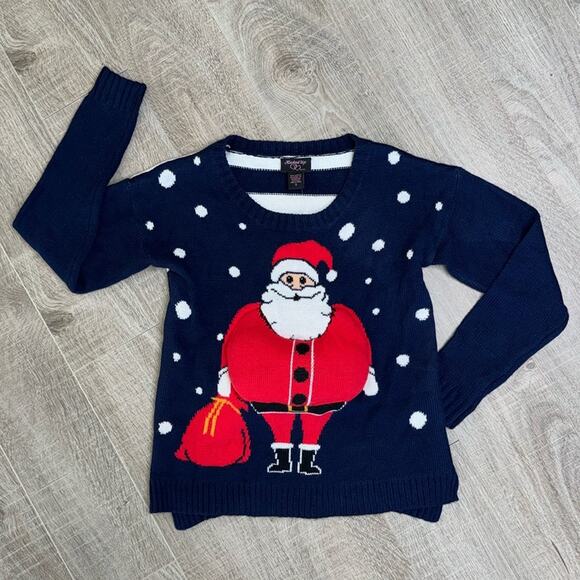 NWT HOOKED UP by IOT Women’s Navy White Striped Crew Neck Puffy Santa Sweater - Picture 1 of 6